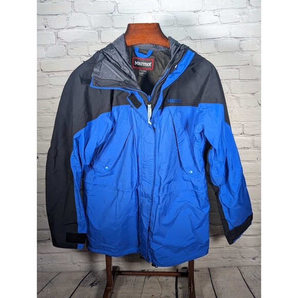 Marmot Women’s Gore-Tex 3-Ply Blue Black Jacket Reinforced Seams Hooded Large - Picture 1 of 11